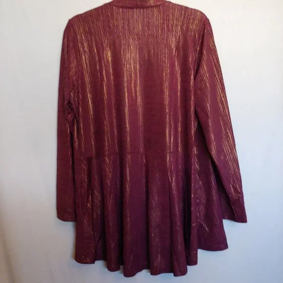 Susan Graver Semi-Sheer Maroon/Gold Long Sleeve Open Jacket Metallic L NWT - Picture 8 of 13